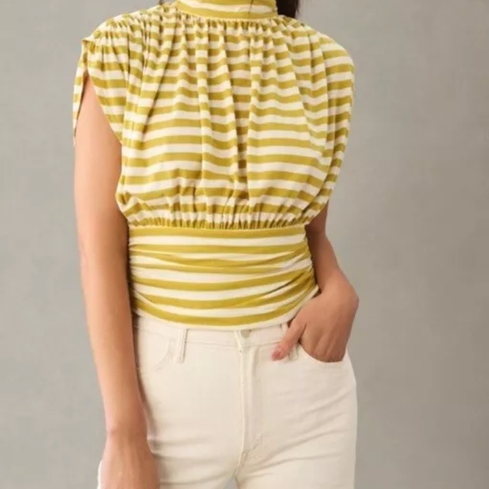 Anthropologie Maeve Yellow/white Striped Ruched Mock Neck Muscle Top Sz L